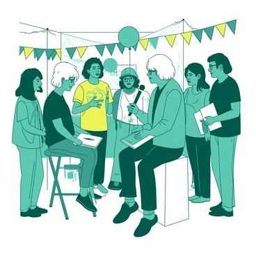 A teal famous illustrator is sitting on a white stool, being interviewed by a white-haired host holding a microphone. The illustrator has glasses and a sketchbook on their lap. Around them, a group of fans stands eagerly, some holding art supplies and notebooks. One fan is wearing a yellow t-shirt with a graphic design, while another has a teal hat. Colorful banners and balloons decorate the fair in the background, creating a festive atmosphere. The expressions on the fans' faces are excited and attentive as they listen closely to the interview.