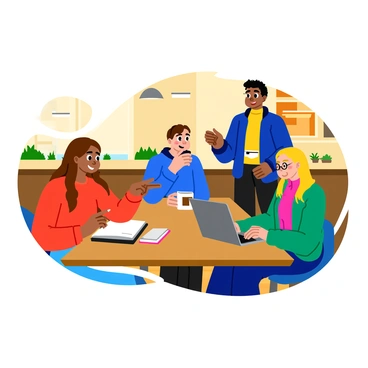 A group of three students is seated around a wooden table in a cozy coffee shop. The first student, a young woman with long brown hair, wears a red sweater and is pointing at a notebook open in front of her. The second student, a tall young man with curly black hair, is holding a cup of coffee and listening intently. He is dressed in a blue jacket. The third student, a girl with short blonde hair, is taking notes on her laptop, wearing glasses and a green cardigan. The walls of the coffee shop are decorated with framed art, and there are several potted plants on the windowsill. Bright overhead lights illuminate the warm atmosphere, creating a welcoming vibe.