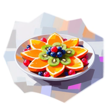 A vibrant arrangement of mandalas created from an assortment of cut fruits. Each mandala features segments made from bright orange slices, green kiwi circles, and clusters of red and blue berries. The colorful fruits are artistically arranged to form intricate patterns, with the oranges providing a sunny hue, the kiwis adding a fresh green, and the berries introducing deep reds and blues. The mandalas are displayed on a white plate, making the colors pop against the background.