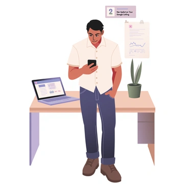 A business owner is standing in a modern, brightly lit office. They have medium skin and short black hair, wearing a white button-up shirt and dark blue jeans. In their right hand, they are holding a smartphone, looking intently at the screen with a focused expression. The phone screen displays a notification that reads "New Update on Your Google Listing" in bold letters. On the desk beside them, there is a laptop open with graphs and charts on the display, suggesting they are actively managing their business. A potted plant adds a touch of greenery to the office environment.