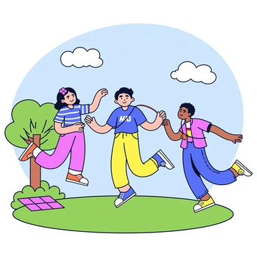 Three friends are jumping rope together in a sunny park. Each friend is wearing colorful casual clothing, creating a lively contrast against the green grass. The rope is long and sturdy, with bright red handles. The friends are in mid-air, their feet lifted off the ground as they time their jumps perfectly. A few fluffy white clouds are floating in the blue sky above them. In the background, there are trees with green leaves and a picnic blanket laid out nearby.