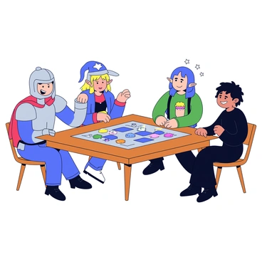 A group of four friends sitting around a wooden table. Each friend is wearing a different fantasy costume: one is dressed as a knight with silver armor and a red cape, another as a wizard with a blue robe and a pointed hat, a third as an elf with green attire and pointed ears, and the last as a rogue with dark clothing and a hood. They are all focused on a large game board filled with colorful pieces and dice. The friends are smiling and animated, exchanging ideas as they play their fantasy role-playing game.