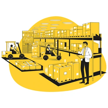 A large warehouse filled with shelves stocked with various boxes and products. Two forklifts are actively moving through the aisles, one lifting a stack of boxes while the other is parked nearby. A broker in a suit is standing in front of a computer tablet, checking inventory. He has a focused expression as he reviews the items on the shelves, while a clipboard is tucked under his arm. The warehouse has bright overhead lights illuminating the area.