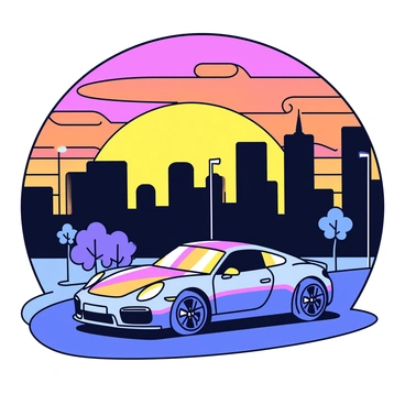 A vibrant city skyline during sunset with tall buildings silhouetted against a colorful sky filled with hues of orange, pink, and purple. In the foreground, a sleek, shiny Porsche is parked on the street. The car's surface reflects the warm glow of the sunset and the colorful lights from nearby buildings. The street is lined with small trees and lampposts, adding to the urban atmosphere.