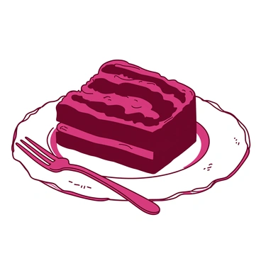 A rich red slice of decadent beet chocolate cake is placed on a white, decorative plate. The cake has a smooth, glossy chocolate frosting that glistens. Beside the plate, there is a shiny silver fork with a detailed handle. The background features a subtle texture, enhancing the visual appeal of the cake presentation. The slice displays a moist interior, revealing hints of beet color peeking through the rich chocolate exterior.