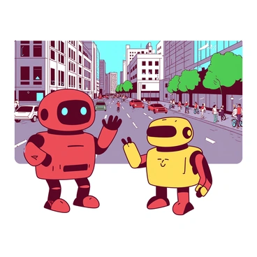 Cute illustrated robots interacting with a photo of a busy urban environment.