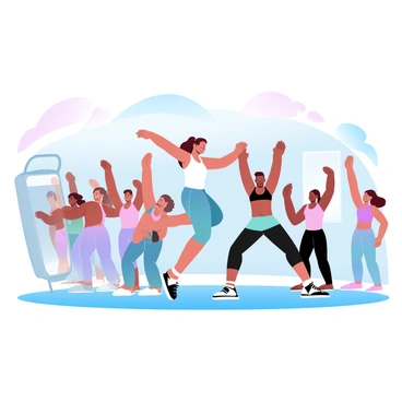 A gym instructor is standing at the front of a brightly lit gym, demonstrating shoulder rolls. The instructor is wearing a fitted workout outfit and has an enthusiastic posture. In front of the instructor, a diverse group of participants of various ages and body types are following along, each in colorful workout attire. The participants are engaged in the exercise, with their arms raised and relaxed. Some participants are smiling while focused on the demonstration. Matting covers the floor beneath them, and a large mirror reflects their movements. Fitness equipment can be seen in the background, adding to the gym atmosphere.