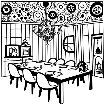A dining room filled with intricate gears and cogs decorating the walls and ceiling. There is a long wooden table set with ornate fourchettes at each place setting. An elaborate chandelier hangs above the table, made from metal pipes and lit with vintage bulbs. Various steampunk gadgets are scattered on the table, including an hourglass and a decorative clock. The room features rich wood paneling and large windows framed with heavy drapes.