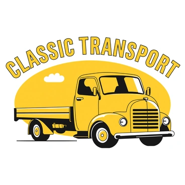 A classic transport truck with a rounded cab and a flatbed, depicted in a detailed, vintage style. The truck is shown from a side view, highlighting its distinct features like the grille and the wheels. Above the truck, there is bold typography that reads "Classic Transport" in an arch shape. The typography is large and prominent, designed to convey a sense of nostalgia. The truck is situated on a simple background that emphasizes its form and the typography.