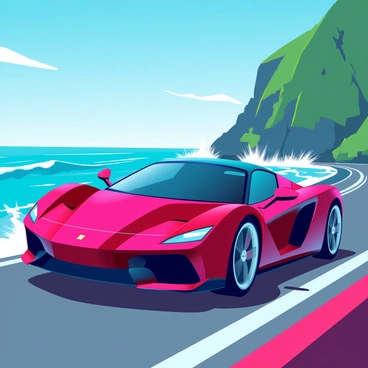 A sleek red Ferrari with a glossy finish racing along a winding coastal road. The car has aerodynamic curves, reflecting sunlight as it accelerates. Nearby, waves crash against the rocky shoreline, sending sprays of water into the air. Bright blue skies stretch above, contrasting with the deep blue ocean. The road is bordered by lush green cliffs, enhancing the vibrant scenery. The scene captures the thrill of speed and the beauty of nature intertwined.