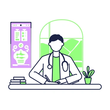 A doctor with a stethoscope around their neck is sitting at a desk in a doctor's office. The doctor is wearing a white lab coat over a light-colored shirt and is writing a prescription on a notepad. On the desk, there is a small plant in a green pot, a pen, and a clipboard with patient information. In the background, there is a chart with medical illustrations on the wall. A window reveals a view of a sunny day outside, creating a bright atmosphere in the office.