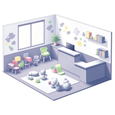 A pediatrician's clinic interior designed for children. The room features various toys scattered across the floor, including plush animals, building blocks, and a small slide. On the walls, there are vibrant decals depicting cartoon animals, flowers, and playful shapes. There are child-sized chairs positioned in a cozy reading corner, along with a small bookshelf filled with colorful storybooks. A bright reception area includes a desk with a friendly receptionist and an inviting waiting area with colorful seating options.