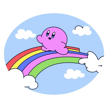 Kirby is depicted as a round pink character with large expressive eyes, sliding down a vibrant, multi-colored rainbow that arcs across a clear blue sky. The rainbow features vivid bands of red, orange, yellow, green, blue, indigo, and violet in smooth gradients. Fluffy white clouds can be seen in the background, enhancing the cheerful scene. Kirby has a joyful expression, with his small arms outstretched as he glides down the rainbow.
