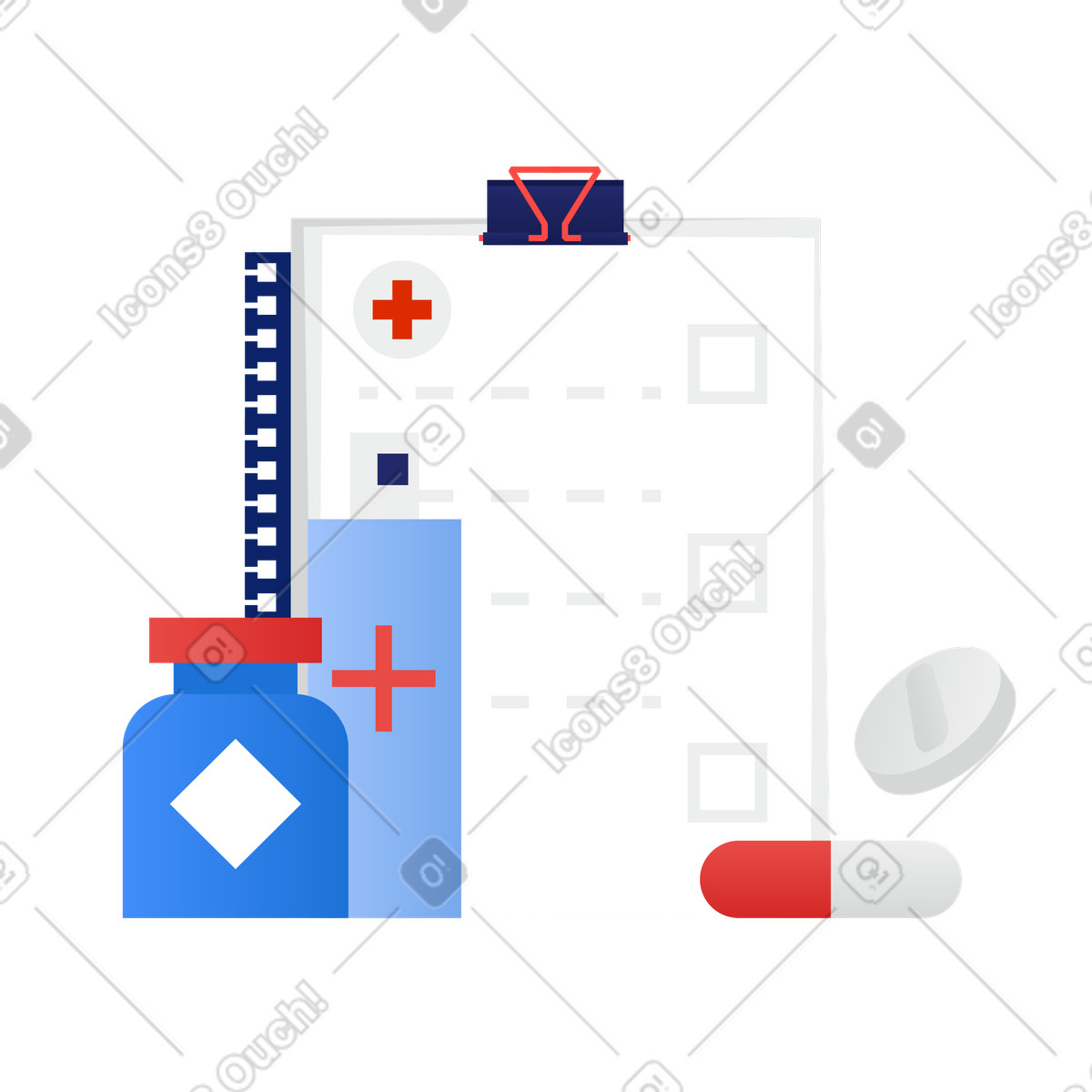 Ilustración Portapapeles con lista de verificación y frascos medicamentos en estilo Clip a descargar en PNG SVG