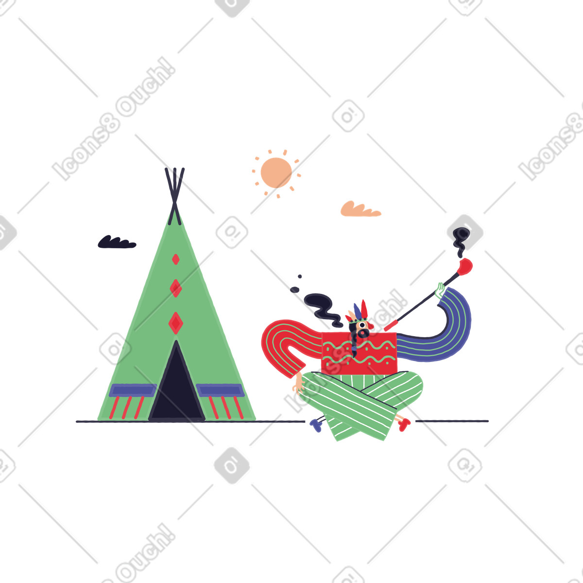 Illustration Homme indigène assis près d'un tipi et fumant une pipe cérémonielle dans le style Stripy à télécharger aux formats PNG, SVG