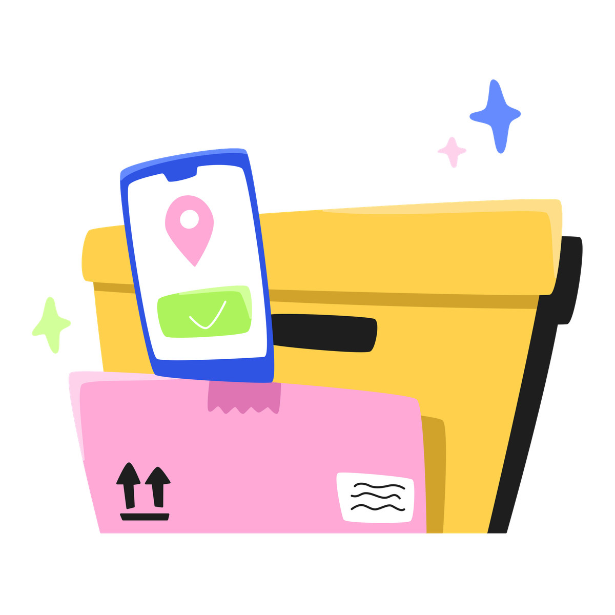 Delivered boxes and phone with a message that the order has arrived at its destination illustration in Bouncy style download in PNG, SVG