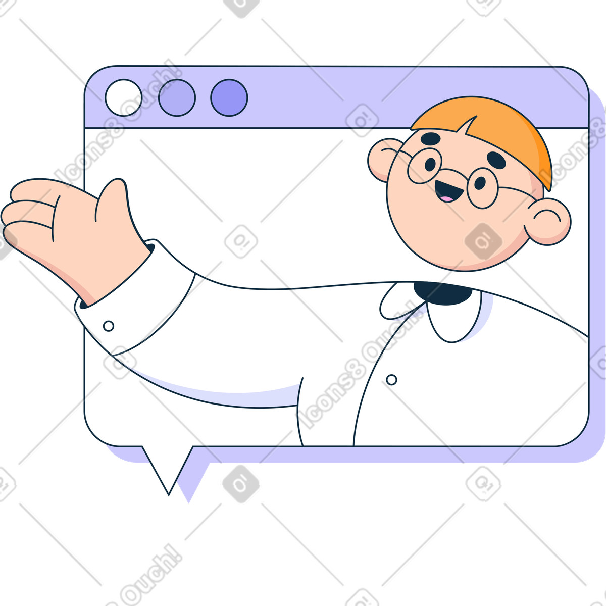 Mann, der ratschläge im browserfenster gibt-Illustration Bubble gum-Stil als Download in PNG, SVG
