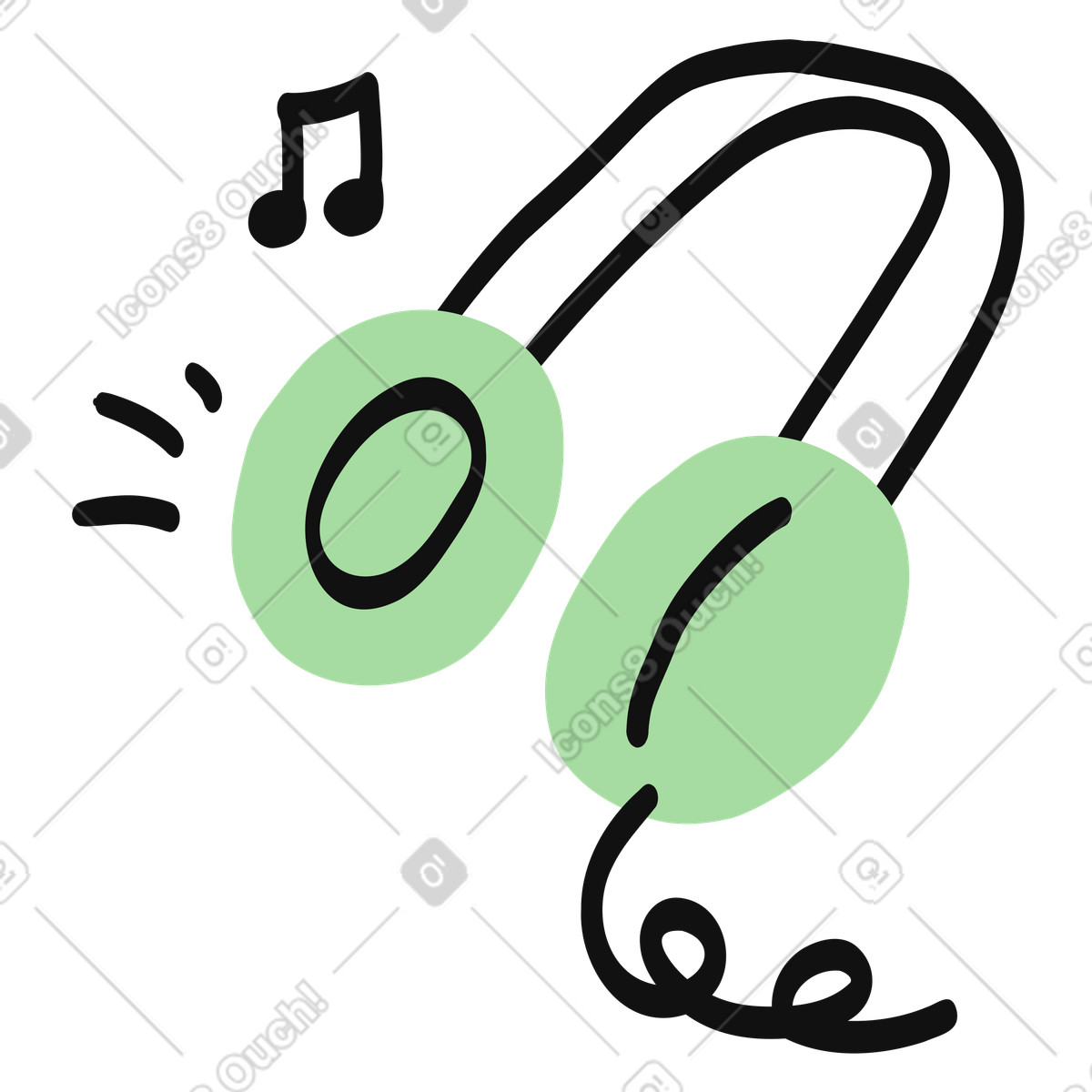 Ilustração de Headphones playing music with sound notes and curled audio cable em no estilo Organic para baixar em PNG, SVG
