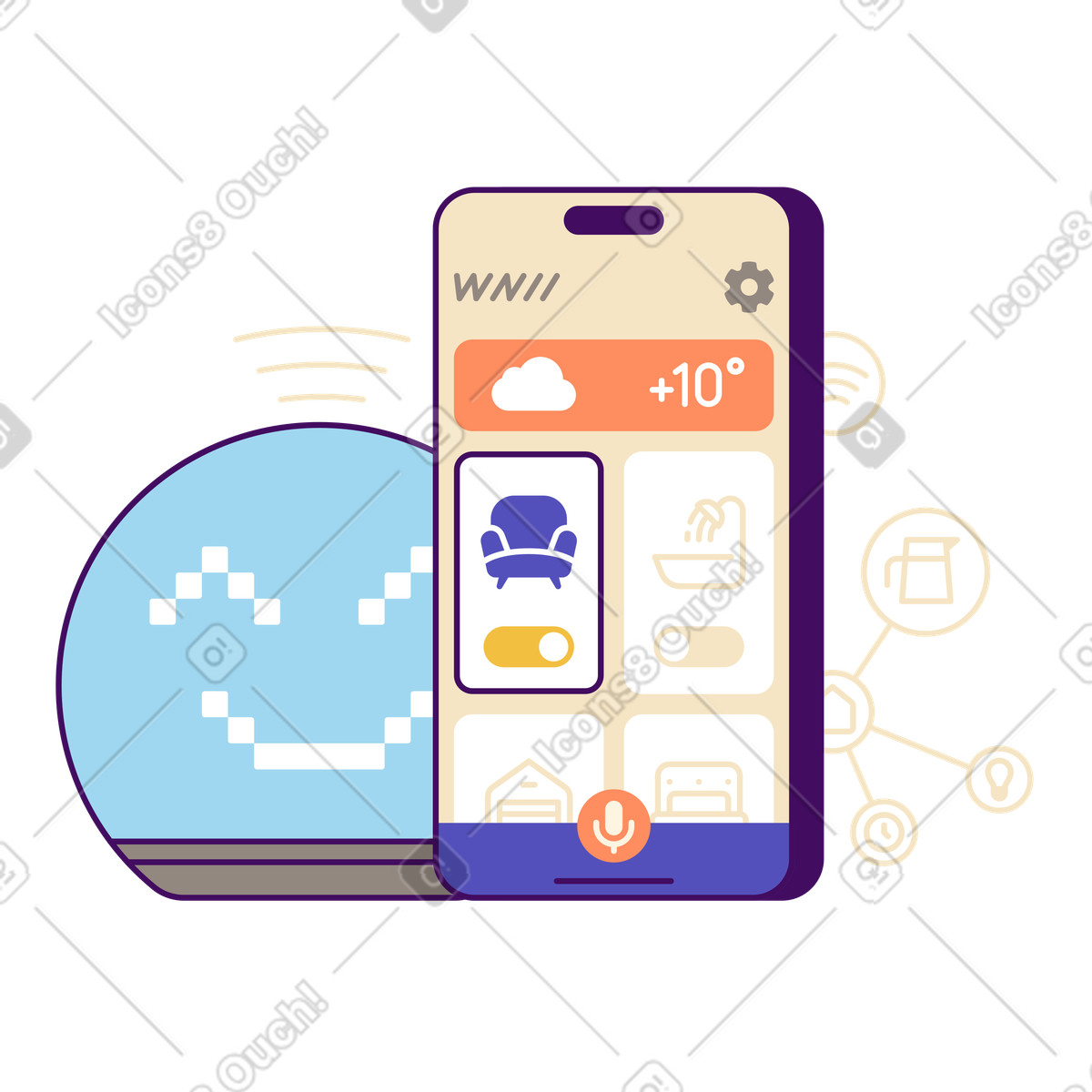 Smart home control app with connected devices, living technology and IoT management illustration in Simplistic style download in PNG, SVG