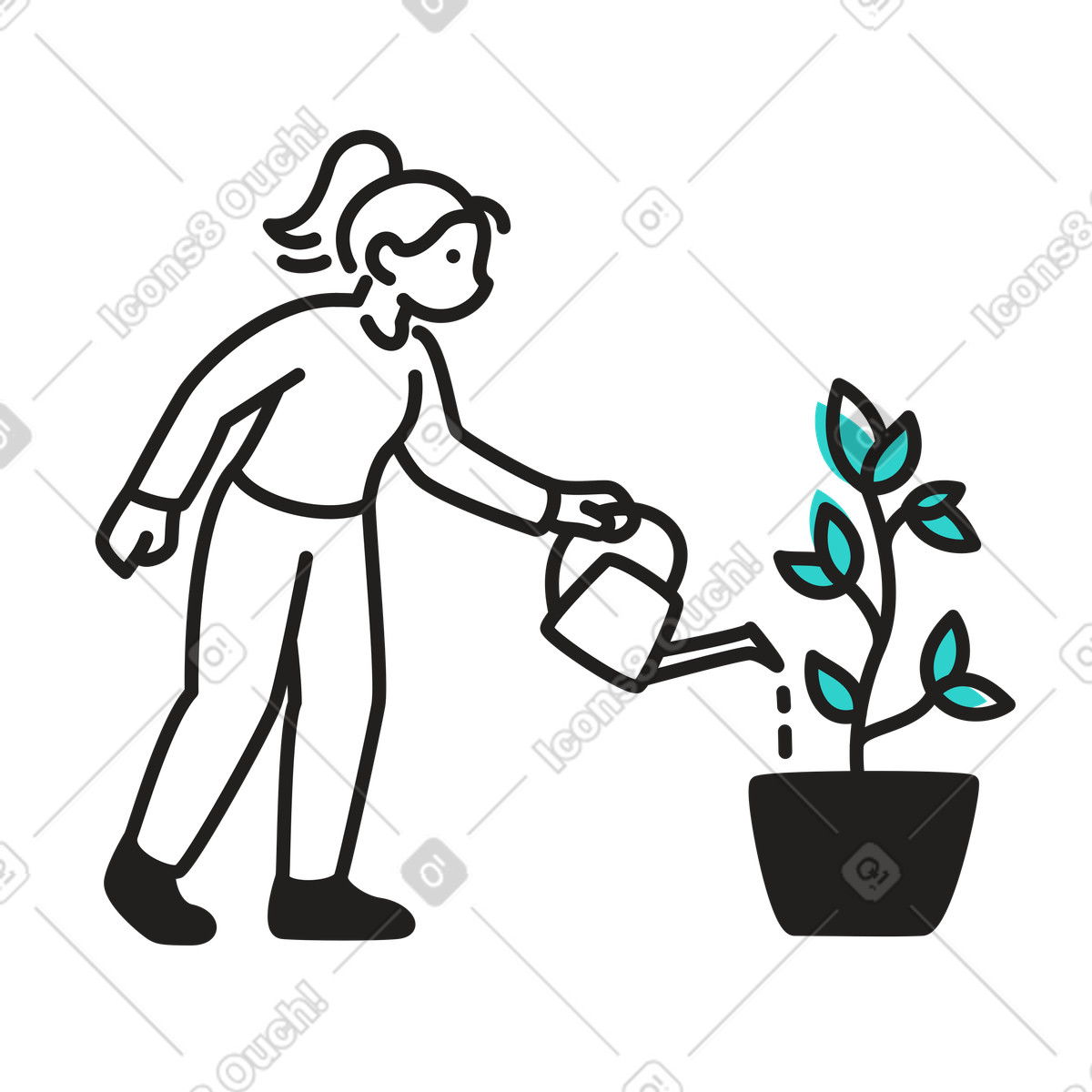 Illustration Femme arrosant une plante en pot dans le style Little à télécharger aux formats PNG, SVG