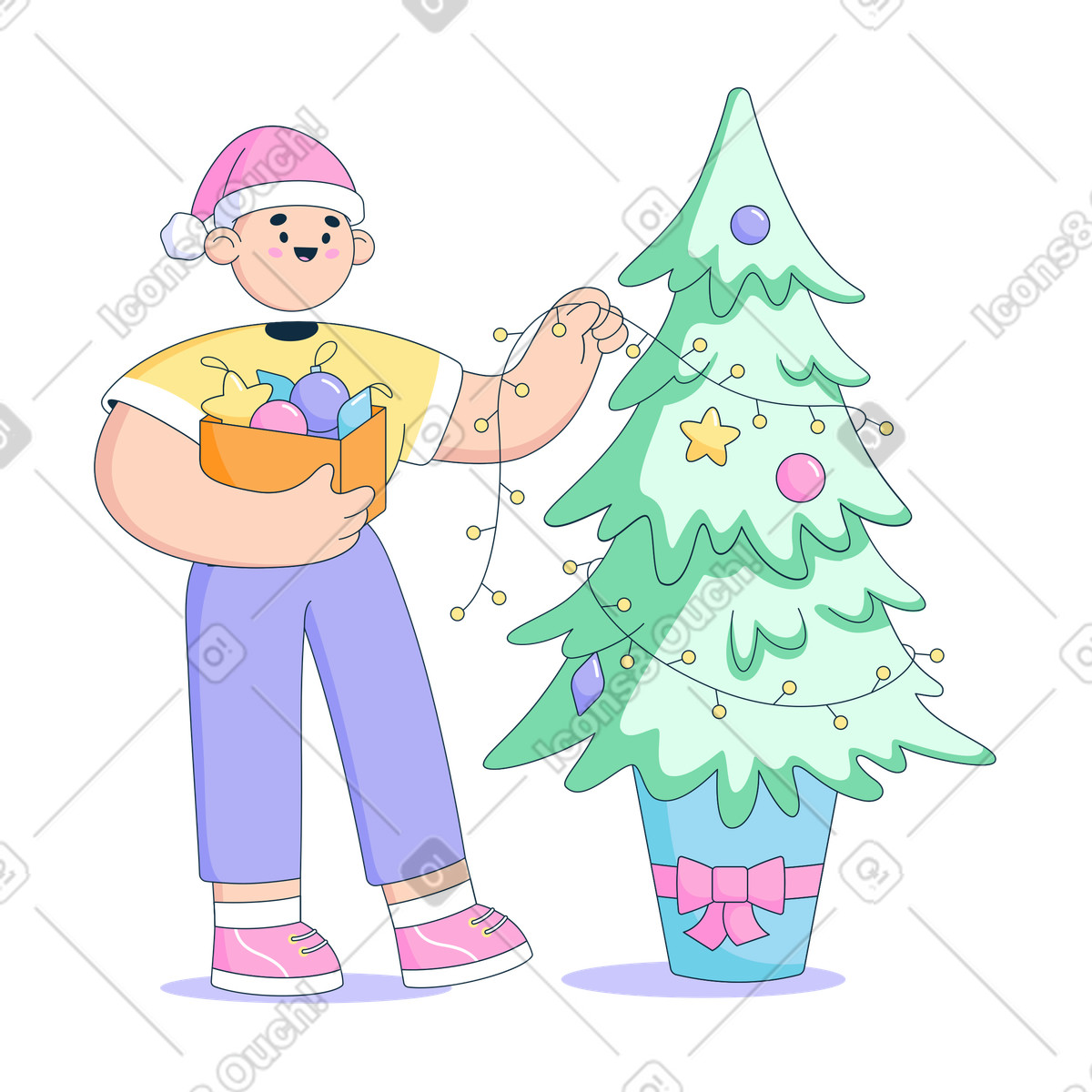 Mann mit weihnachtsmütze schmückt weihnachtsbaum-Illustration im Bubble gum-Stil als Download in PNG, SVG