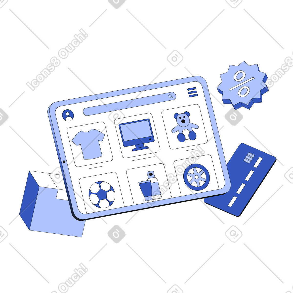 Illustration Marché en ligne avec des articles vente dans le style Techny à télécharger aux formats PNG, SVG