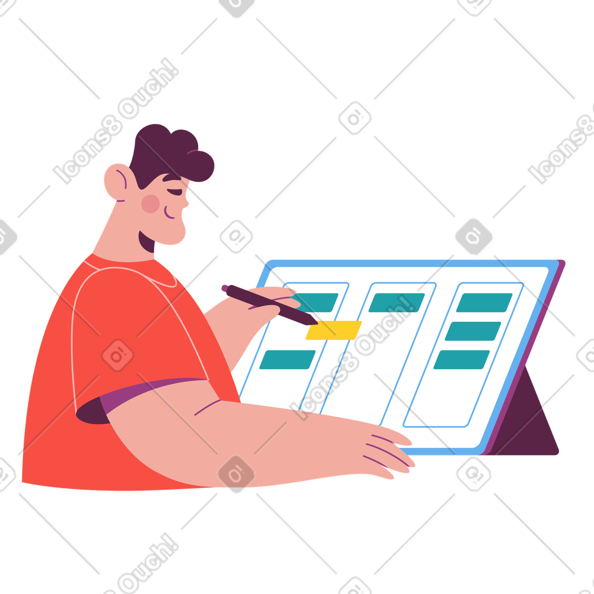 Planning tasks on digital kanban board, Project management workflow illustration in Sammy style download in PNG, SVG