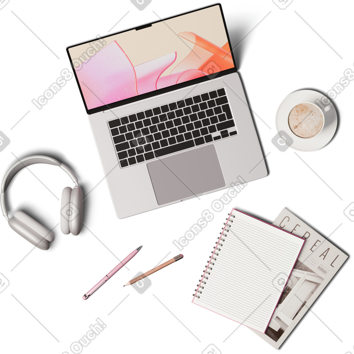 Top view of laptop headphones and notebooks illustrazione in stile 3D Hygge scarica in PNG, SVG