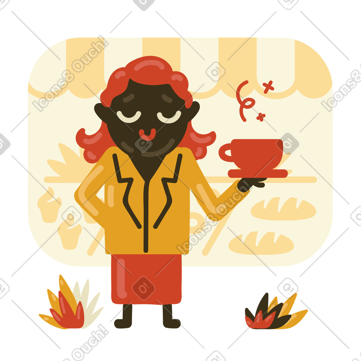 Woman with cup of coffee at bakery illustration in PNG, SVG