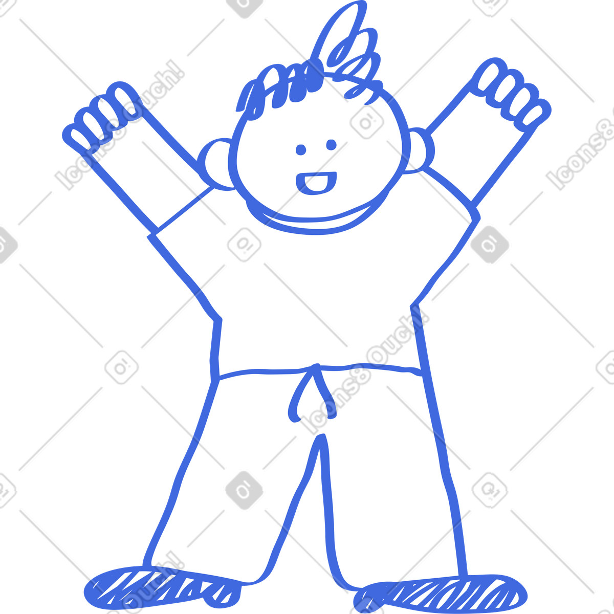 Illustration Character raising hands up smiling face expressing joyful celebration dans le style Ballpoint Pen à télécharger aux formats PNG, SVG