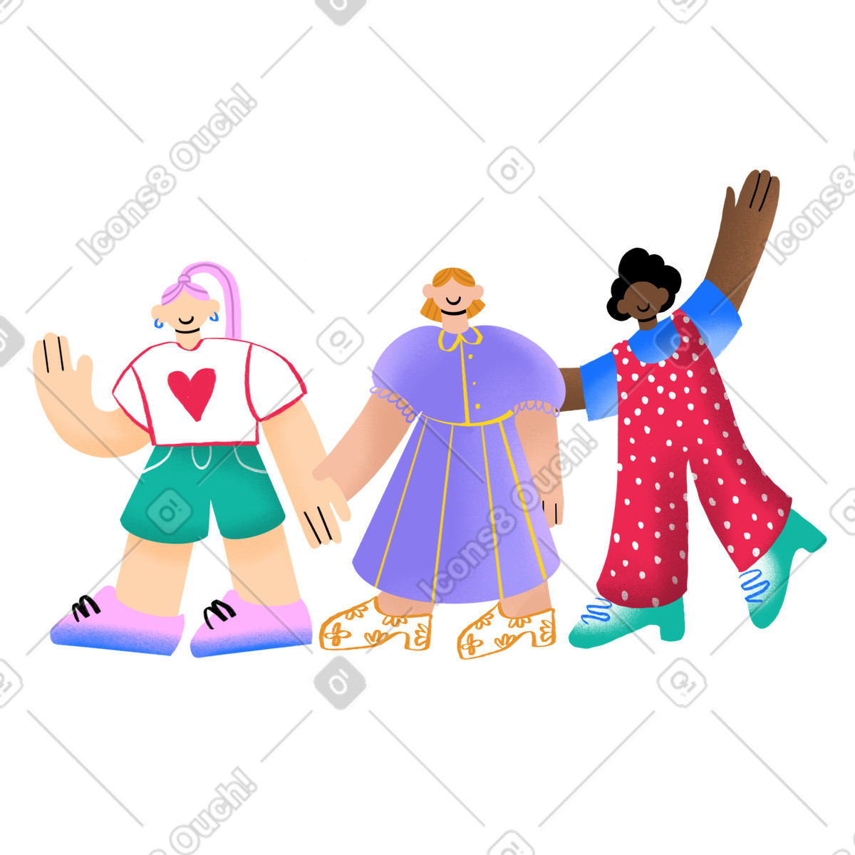 Ilustración Mujeres cogidas de la mano por solidaridad femenina en estilo Bonny a descargar en PNG y SVG