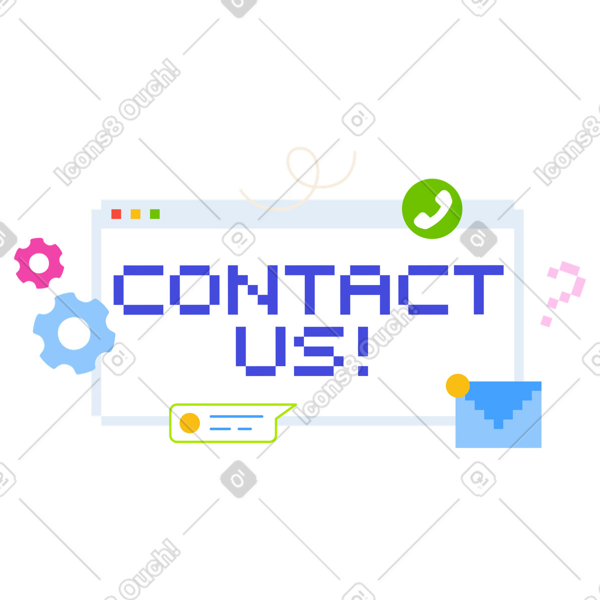 Contact request in browser with call and mail symbols, Support or help desk interface illustration 8bit style download PNG, SVG