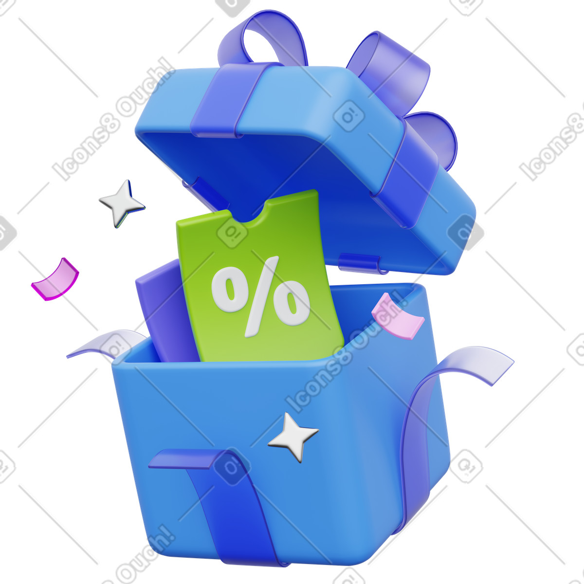 Ilustração de Caixa presente com desconto, azul cupom desconto verde, oferta promocional surpresa em no estilo 3D Playful para baixar em PNG, SVG