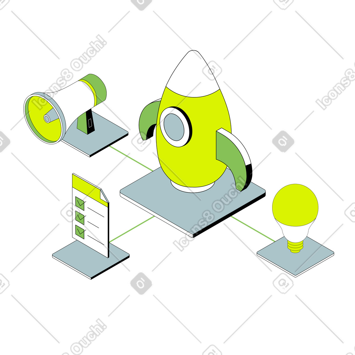 Ilustración Storytelling de marca: implementación ideas y lanzamiento startups en estilo Isometric a descargar en PNG SVG