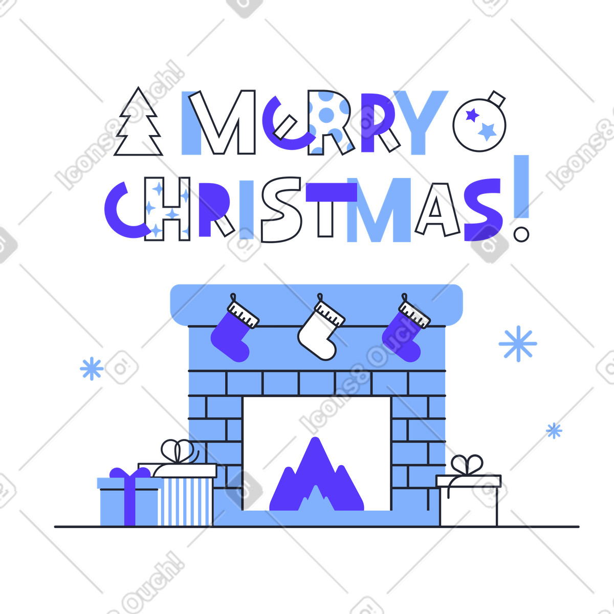 Ilustración Feliz navidad texto sobre la chimenea con regalos y medias navideñas en estilo Pablita a descargar en PNG SVG