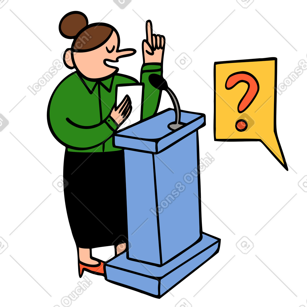Woman answering questions on a podium illustration in Comic style download in PNG, SVG