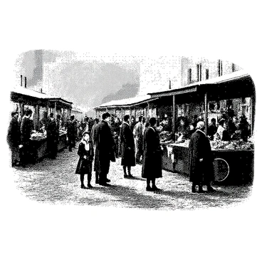 An engraving shows a lively market scene crowded with vendors and customers. Several vendors are standing behind their wooden stalls, displaying various goods such as fruits, vegetables, and handmade crafts. The customers are dressed in period attire, with men in knee-length coats and women in long dresses, some wearing bonnets. The atmosphere is bustling, with people interacting, exchanging goods, and haggling over prices. In the background, a few children are playing near a water fountain, and a horse-drawn cart is parked nearby, adding to the historical setting.