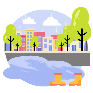A street scene after rain, featuring a large puddle on the asphalt road. The puddle is filled with clear water, reflecting the blue sky above, scattered with fluffy white clouds. Surrounding the puddle, there are vibrant green trees lining the street, their leaves glistening with droplets. A few colorful buildings with wet façades stand in the background, adding to the urban atmosphere. A pair of brown rubber boots can be seen next to the puddle, suggesting someone has just walked through it.
