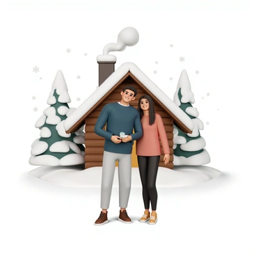 A cozy wooden cabin with a sloped roof covered in a thick layer of snow. Smoke rises from the chimney, indicating a warm fire inside. In front of the cabin, a couple stands together, smiling happily. The man is wearing a dark blue sweater, light gray pants, and brown boots. He is holding a sparkling engagement ring in a small box. The woman is dressed in a red sweater, black leggings, and warm winter boots. She has long hair cascading down her shoulders. Snowflakes gently fall around them, and in the background, pine trees are dusted with snow, creating a picturesque winter scene.