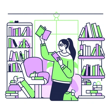 A cartoon girl with glasses is standing in a cozy bookstore surrounded by shelves filled with books. She has long hair tied in a ponytail and is wearing a colorful sweater. In her hands, she is holding a book open and looking at it with interest. The shelves around her are stacked with various titles, and there are small decorative items scattered on the shelves. A comfortable reading nook with a plush armchair and a small table can be seen in the background. Soft light filters in through a window, casting gentle shadows in the room.