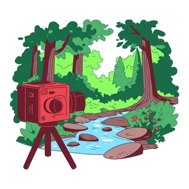 A red pinhole camera is positioned on a wooden tripod in a lush green forest. The camera is focused on a picturesque scene featuring tall trees with textured bark and vibrant green leaves. In the foreground, a small stream flows gently over smooth stones, reflecting the dappled sunlight filtering through the canopy above. The ground is covered with rich, dark soil and scattered with colorful wildflowers. A light breeze creates gentle ripples on the water's surface, enhancing the serene atmosphere of the nature scene being captured.