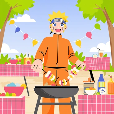 Naruto is standing outdoors at a summer barbecue party, wearing his signature orange jumpsuit. He is grilling skewers of colorful ingredients, including pieces of chicken, bell peppers, and mushrooms, over a charcoal grill. Around him, there are picnic tables adorned with red checkered tablecloths, filled with various side dishes and drinks. A bright blue sky and a few fluffy white clouds provide a cheerful backdrop. Balloons and streamers are hanging from nearby trees, adding a festive atmosphere. Naruto has an excited expression on his face, clearly enjoying the cooking process.