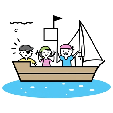 A group of five children dressed as pirates, featuring a boy with a black eye patch and a red bandana, a girl with a striped shirt and a plastic sword, and three others wearing colorful hats and fake mustaches. They are standing on the deck of a small wooden ship, waving their arms enthusiastically. The ship has white sails and a small Jolly Roger flag flying at the top. The ocean is a vibrant blue, with sunlight reflecting off the sparkling water's surface. In the background, a few fluffy white clouds float in a clear sky.