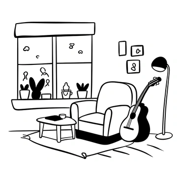 A cozy fauteuil positioned next to an acoustic guitar leaning against its side. The room is furnished with a small wooden table beside the fauteuil, holding an open book and a steaming cup of tea. A soft rug is laid on the wooden floor, and a gentle glow from a nearby lamp casts shadows across the space. There are potted plants on the windowsill, adding a touch of greenery. A few picture frames are hung on the walls, completing the inviting atmosphere.