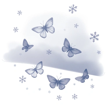 A flurry of snowflakes cascading from a cloudy sky. Each snowflake showcases a distinct and intricate butterfly pattern, highlighting the uniqueness of each formation. The snowflakes vary in size and shape, creating a dynamic visual effect as they descend. Some snowflakes appear to twirl while falling, while others drift sideways, landing softly on a white surface below. The scene captures the tranquil moment of winter as these delicate flakes continue to fall gracefully.