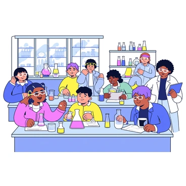 A chemistry lab filled with students actively engaging in experiments. Several workstations are organized with bubbling beakers and flasks. The beakers are filled with brightly colored liquids, creating a vibrant scene. Students of diverse backgrounds are wearing safety goggles and lab coats as they mix various substances. Some are observing reactions while others are writing notes on clipboards. The walls are lined with shelves holding different chemicals and lab equipment. A large window allows natural light to illuminate the busy environment.