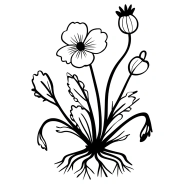 A detailed illustration of a poppy plant displaying its roots, leaves, and flowers. The roots are intricately shown extending into the ground, with fine filaments branching out. The leaves are large and feathery, positioned at various angles, showcasing their lobed edges and texture. The flowers are prominently featured, each on a slender stem, with fully opened blossoms as well as some in bud form. The entire composition is set against a white background, allowing the details of the plant to stand out clearly.