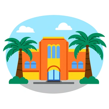 An Art Deco building featuring intricate geometric patterns and bold colors. The façade of the building is adorned with decorative motifs and large windows. Tall palm trees with green fronds sway gently in the wind, framing the scene on both sides. The sky is clear with a few fluffy white clouds, providing a bright backdrop to the vibrant architecture. Sunlight casts soft shadows on the building and palm trees, enhancing the visual contrast.