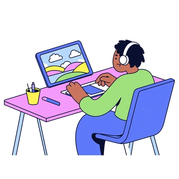 An artist sitting at a modern desk, focused on a digital tablet. The tablet displays a colorful landscape illustration featuring rolling hills, a bright blue sky, and fluffy white clouds. The artist, wearing headphones, uses a stylus to add details to the illustration. A few art supplies are scattered around the desk, including markers and sketchbooks. The room is filled with soft lighting, highlighting the creative workspace.