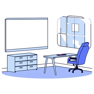 A tidy office space featuring a large clean whiteboard mounted on the wall. There are organized filing cabinets beside the whiteboard, each drawer neatly closed and labeled. The floor is clear of clutter, showcasing the polished surface. In front of a desk sits a comfortable chair with ergonomic design, providing a welcoming spot for work. Natural light streams in from a nearby window, illuminating the entire room.